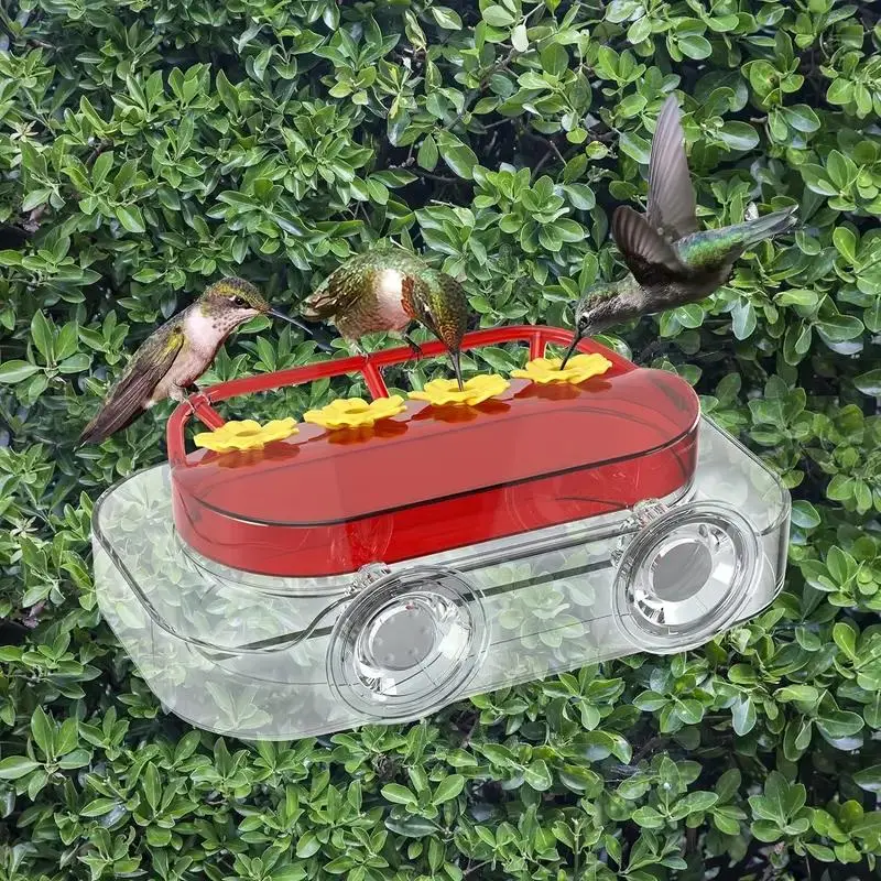 Window Hummingbird Feeder, Outdoor Hummingbird Feeder, Strong Suction Cups Hummingbird Feeder with Ant Moat, Plastic Wild Bird Feeder with 4 Feeding Ports, Easy to Clean and Refill, Bird Feeder for Window