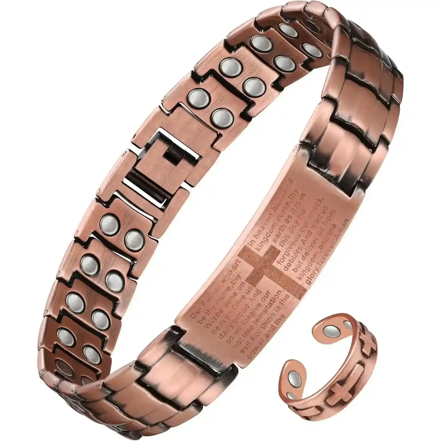 MagEnergy 2X Copper Magnetic Bracelet for Men,Ultra Strength Cross Bracelet With Ring Include Adjustable Link, Jewelry Gift