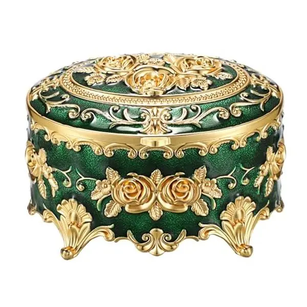 Hipiwe Vintage Jewelry Box Oval Trinket Display Case with Rose Pattern Decorative Green Treasure Box Ring Holder for Women