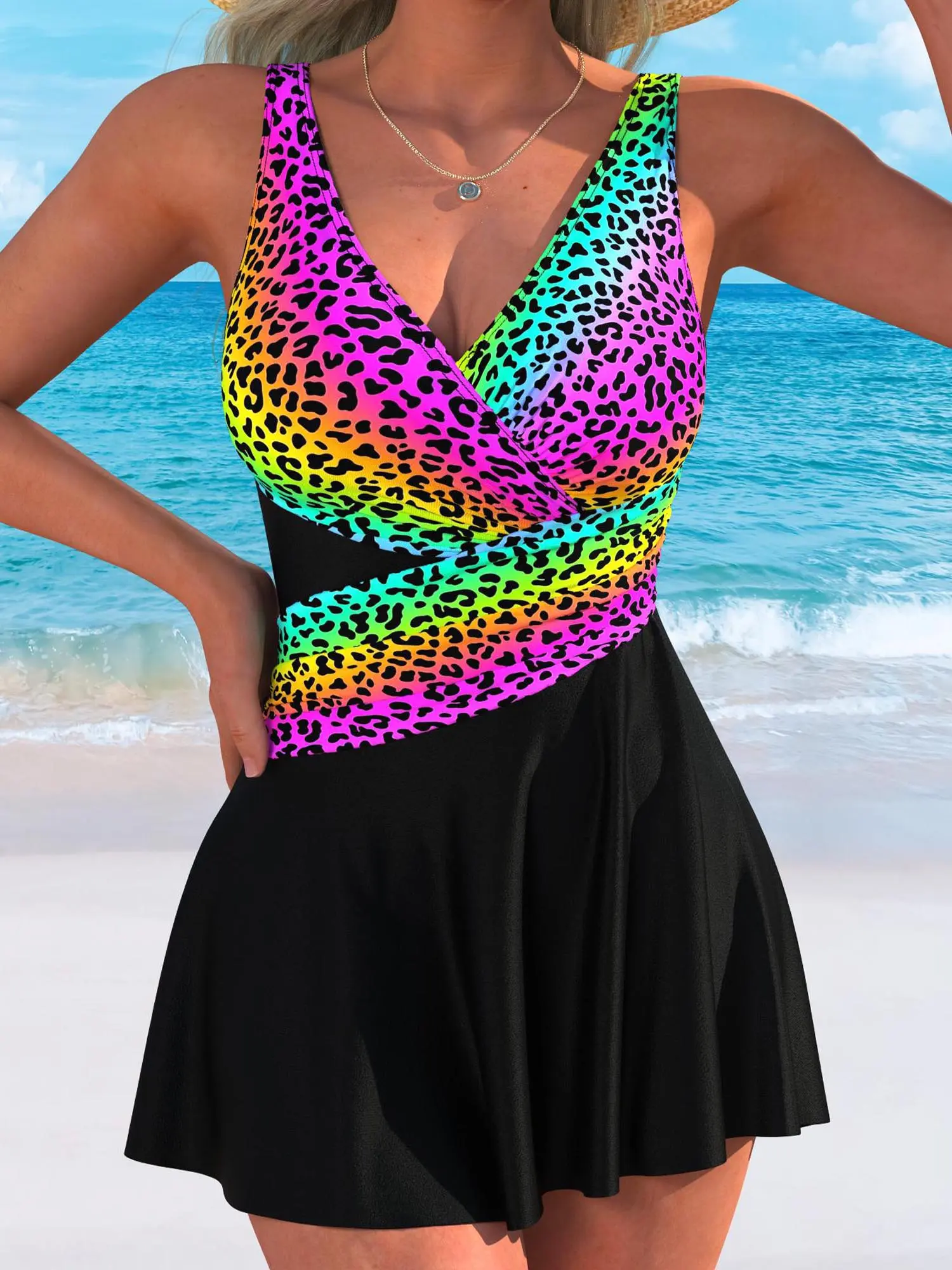 Women's swimwear collection: tank tops, tankinis & swimdresses. One-piece swimsuit with V-neck, apron skirt and full coverage. Tummy control & slimming design, ideal beach outfits.(yqx)