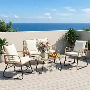 4 Piece Outdoor Dining Set, Patio Table and Chairs Set with Sofa, 2 Chairs & Glass Top Table, Rattan Furniture for Outdoor Dining, Backyard, Deck