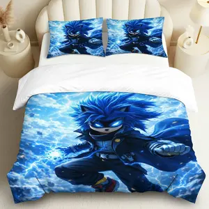 3PCS Duvet Cover Set, 1 Duvet+2 Pillowcases(Without filler), Electric Blue Hero Fast Power Speed Lightning theme, Halloween bedding set, Sonic-inspired Suitable for decoration bedroom, gaming room, dorm, modern apartment.