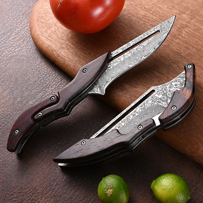 Vintage Wood Finish Damascus Blade Kitchen Knife - Compact, Portable Efficient Prep Tool for Daily Cooking, Fruit Cutting, Knives