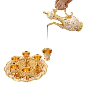 Antique Turkish Tea Set with Eagle Beak Spout - 6 Cups, 8.45oz Teapot, Gold & White Zinc Alloy, Exquisite Carvings for Luxury Tea Experience