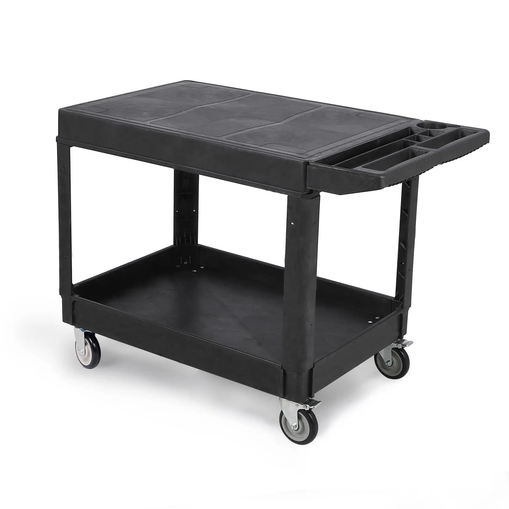 2-Tier Heavy Duty Utility Cart, 550 lbs Capacity Plastic Service Cart with Flat Top Shelves, Ergonomic Storage Handle, 360° Swivel Wheels (2 Lockable) for Warehouse, Garage, Workshop, Cleaning