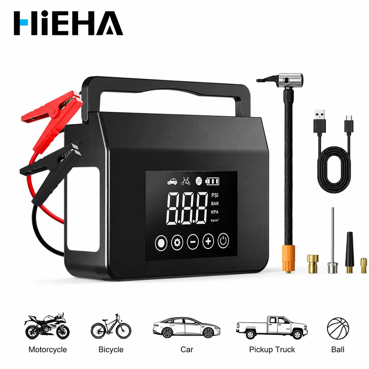 【Hieha】2026  Upgraded Cooling Fan & Motherboard|Portable Car Jump Starter 4000A UltraSafe with 150PSI Tire Inflator, Diesel Engines, 15000mAh Power Bank, LED Light,Genuine version|