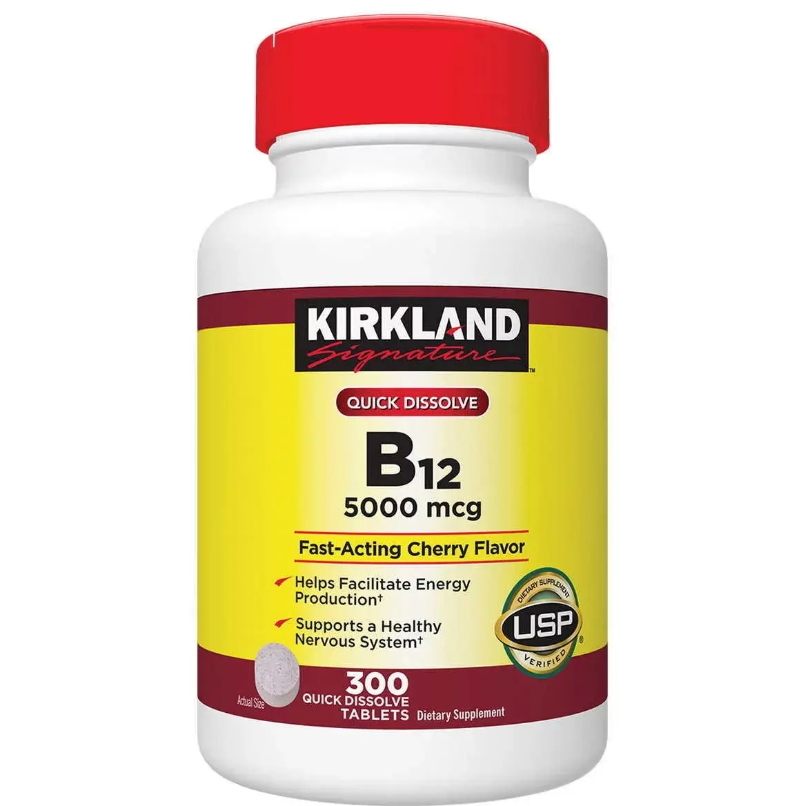 Kirkland Signature Adult Quick-Dissolve Vitamin B-12 Supplement, 5000 mcg, 300 Tablets, Fast-Acting Cherry Flavor, USP Certified, Supports Metabolism, B12 Complex Vitamins Supplement