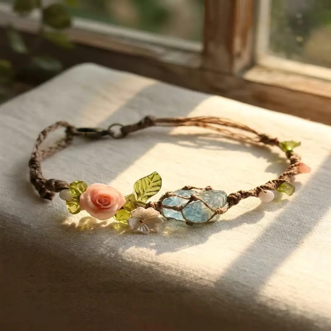 Women's Fairycore Handmade Pink Rose Beaded Braided Bracelet - Natural Stone Macrame Woven Exquisite Jewelry for Graduations, Gifts for Women, Bracelets For Women