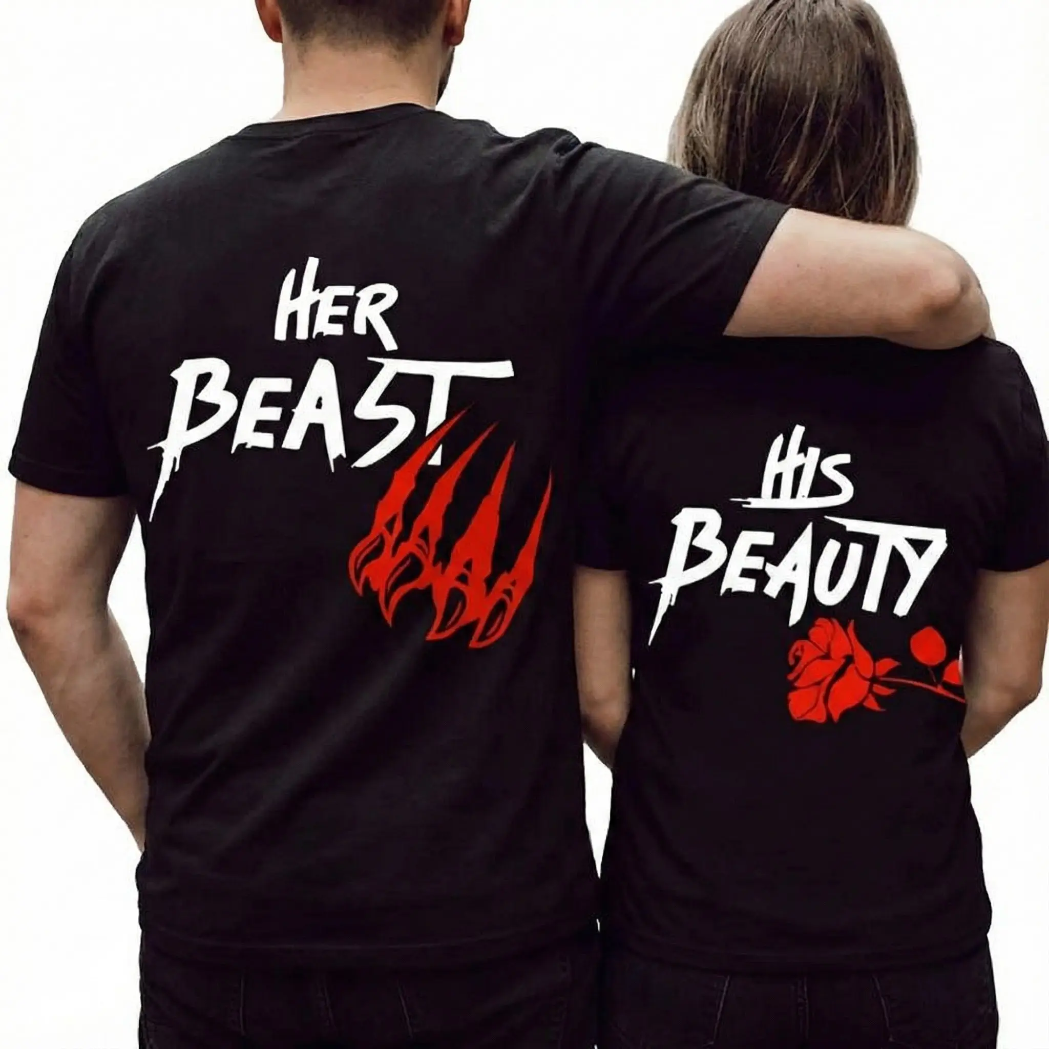Couples Graphic T-shirt, Her Beast His Beauty Print, Soft Cotton Short Sleeve Round Neck Top for Anniversaries, USA-Made, Tops, Tshirt, Fun Fan Gift