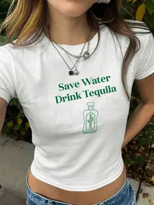 "Save water, drink tequila" - short, fitted top with a fun Mexican cactus pattern T-shirt, #SaveWaterDrinkTequila #TequilaT-shirt #CactusPattern #MexicanStyle #FunDrinkingT-shirt #SummerPartyT-shirt