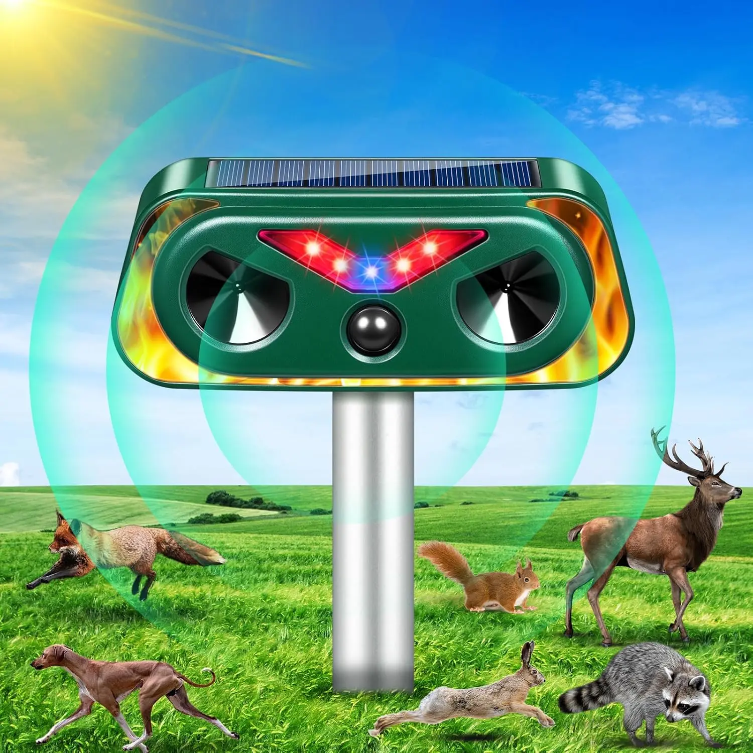 Solar Powered Animal Repeller Outdoor with Flashing Lights & Motion Sensor, Upgraded Waterproof Animal Deterrent Devices for Deer, Cat, Squirrel, Rabbit, Raccoon, Skunk Repellent for Garden