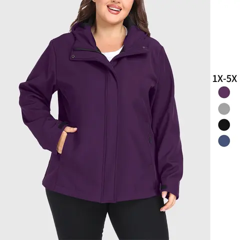 Wantdo 2026 NEW Women's Plus Size 3X Casual Hooded Elastane Softshell Jackets - Longsleeves Zip Up Coats, Hydrophobic Fleece Lined Warm Windbreaker Tops for Women, Plus Size Clothes for Camping, Ball Games