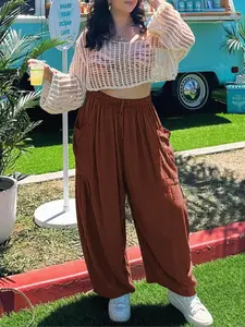 Summer Fashion Womenswear Versatile Commuter Casual Boho Style Outerwear Vacation Elastic High-Waisted Pleated Wide-Leg Bottom Pants Loose Cotton Linen Long Trouser