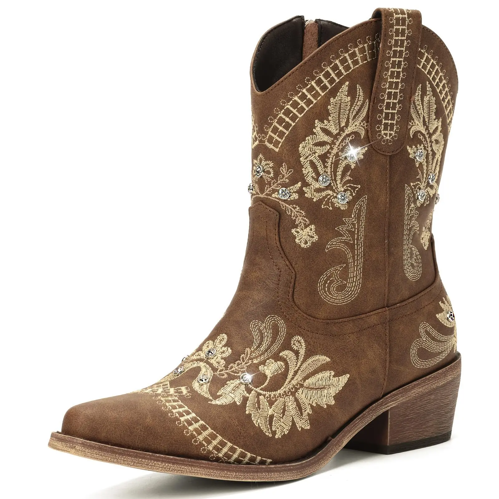 Rhinestone Ankle Cowboy Boots for Women Embroidered Short Cowgirl Boots With Low Heel Side Zipper Comfortable Chunky Heels Western Booties For Prom Party Wedding Footwear brown boots Walking Shoes fall boots tiktokshopspringglowup,su
