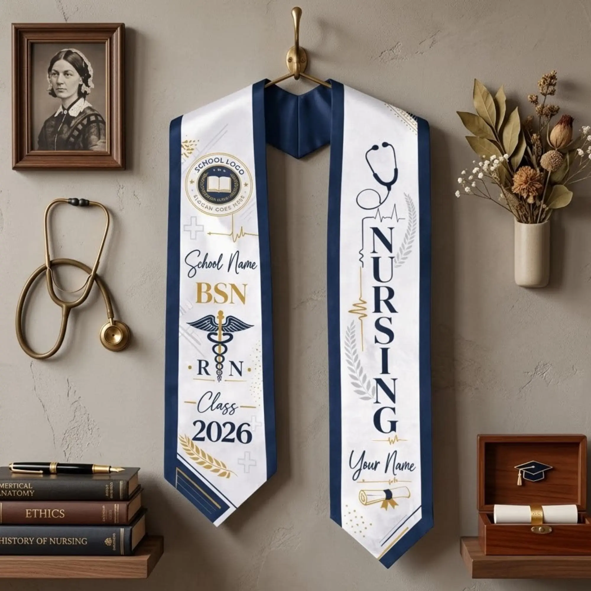 EastJia Made in USA Unisex Personalized Graphic Nursing Graduation Stole - 4.5x62 Inches Photography Print Sash, Custom RN BSN MSN Accessory, 2026 Class Exclusive, Premium Soft Polyester, Machine Washable Reusable Academic Keepsake Gift