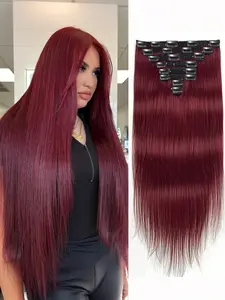 8 Pcs Clip In Hair Extensions Straight Human Hair For Women Trendy Burgundy Seamless Clip Ins with 20 Clips 120g Double Wefts for Festival Party Photoshoot
