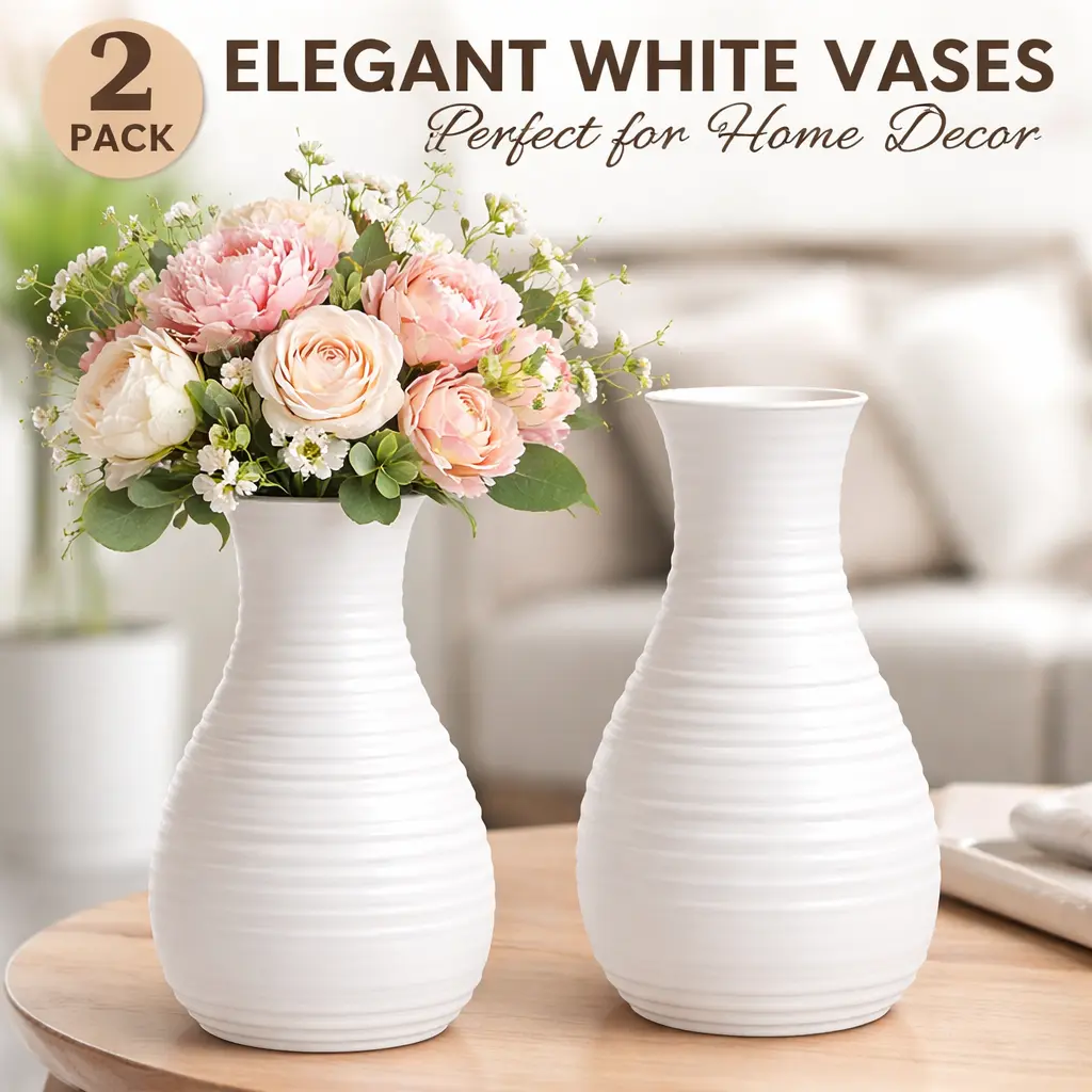 2Pcs Composite Plastic Decorative Vases - Unbreakable Ceramic-Look, Durable Lightweight White, Simple Curves, Clean Lines, for Home Decor Centerpieces, Bouquet Arranging (Specialty Kitchen Utensil, Vases Only – Flowers Not Included)