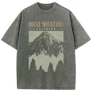Holafish Oversize Acid Wash Vintage Mountain pattern T-Shirt Heavyweight Cotton Streetwear graphic vintage tees Menswear Crewneck Tshirt