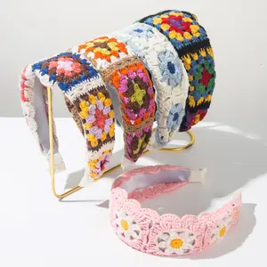 Cubidupi Bohemian Knit Headband for Women, Floral Lace CrochetHair Band, Vintage Chic Hippie Festival Headpiece,Handmade Crochet Boho Hair Accessory