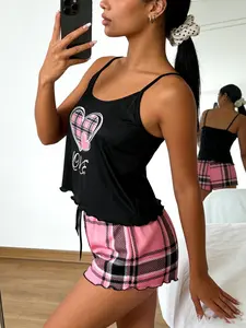 Base Plaid Heart Love Print Pajama Set, Sleeveless Slim-Fit Sleepwear, Breathable Home Wear, Sweet Cool Girl Style Shorts