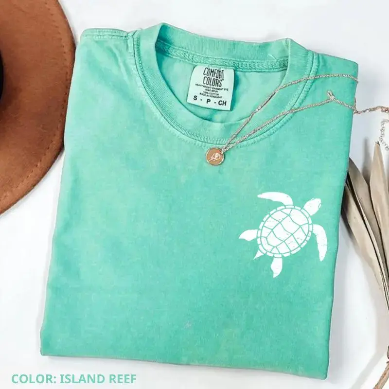 [Sale Up To 50%] Comfort Colors Sea Turtle Pocket Shirt, Coastal Beach Graphic Tee, Ocean Lover T-Shirt, Minimalist Marine Life Design, Tropical Summer Aesthetic, Soft Garment Dyed Unisex Tee - Rock Rolla