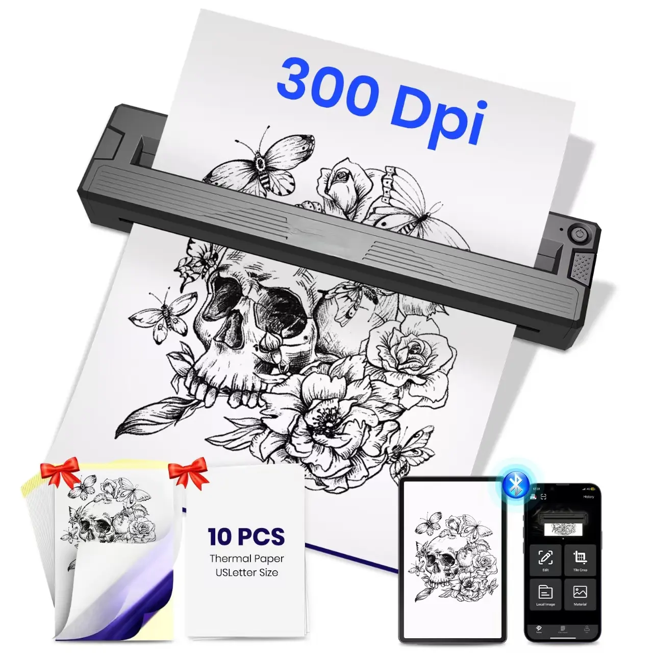 Wireless Tattoo Stencil Printer, Portable Bluetooth Thermal Tattoo Printer with App Support Size≤ A4, Print Realistic Portraits, Works for Phone/Tablet/PC, Inkless Thermal Printer, A4 Size