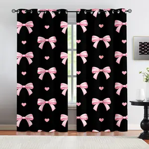 Black and pink bow pattern, curtain set of 2 pieces, grommet curtains, suitable for living room, balcony, and bedroom windows, perfect for home, seasonal, holiday room decoration, Home Decorative Curtain, Window Drapes