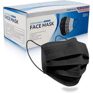 USA Black Face Masks, Disposable - Adult 3 Ply Mask - Disposable Black Face Mask for Adults - Comfortable, Soft, Breathable (50/Box)