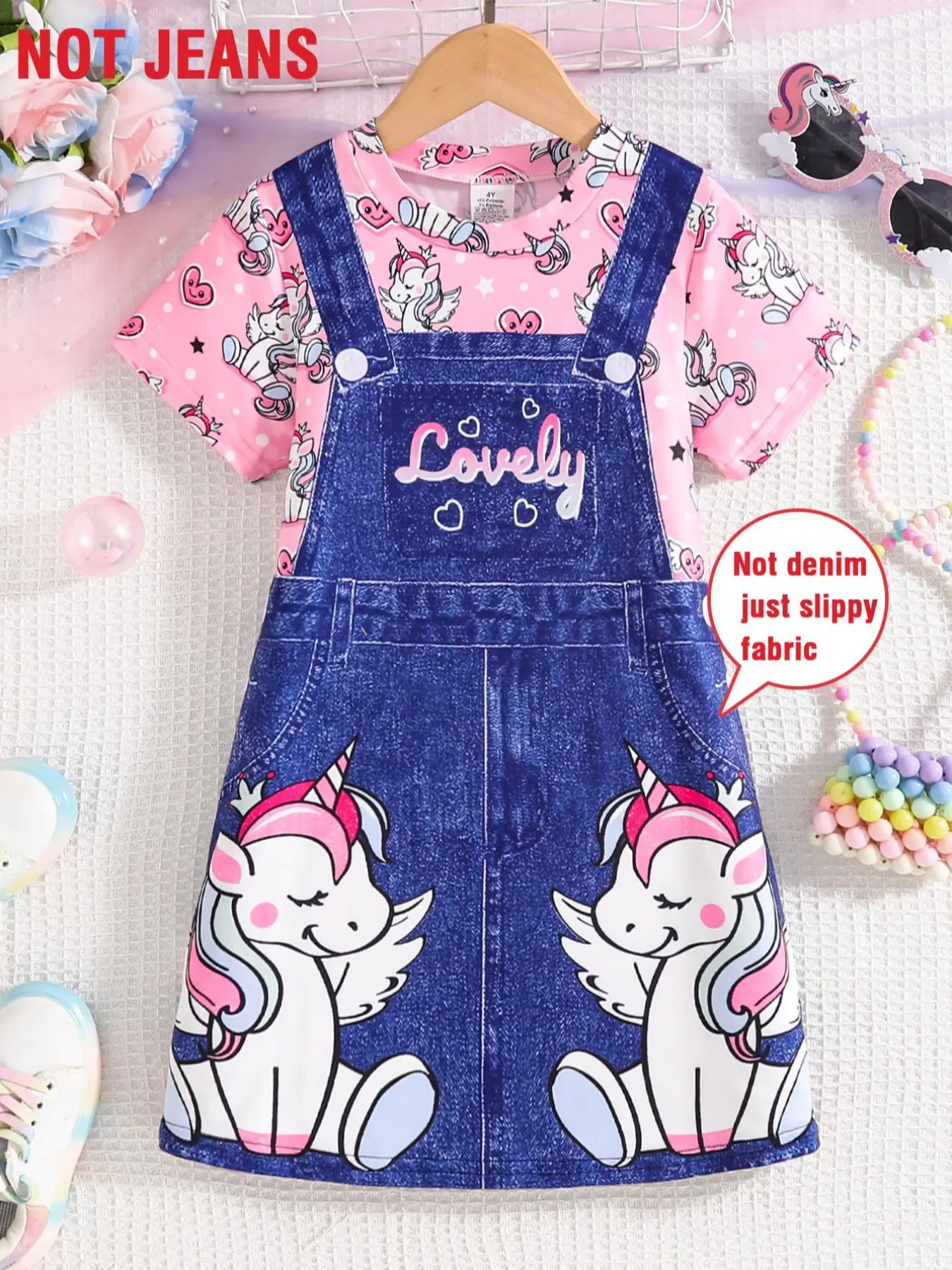 Girls' Summer Fashion Dress, Rainbow Unicorn Print Denim Style, Casual Soft Comfortable Clothing, Cute Daily Wear for Kids, Summer Printed Dress, Little Girl Dress