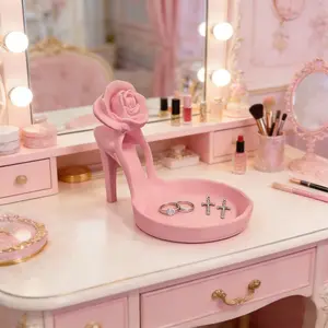 High Heel Jewelry Tray with Bow & Rose Decor, Decorative Jewelry Dish for Rings & Earrings, Elegant Vanity Jewelry Holder, Thoughtful Gift for Women, Mom or Daughter