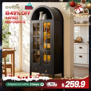 【Spring Glow Up】Ovios 71" Tall Arched Kitchen Pantry with Glass Door & Magnetic LED Lights, Modern Farmhouse Deep-Drawer Livingroom Storage Cabinet, Eco Wood Panel, Cupboard for Kitchen/Dining/Bathroom/Toy