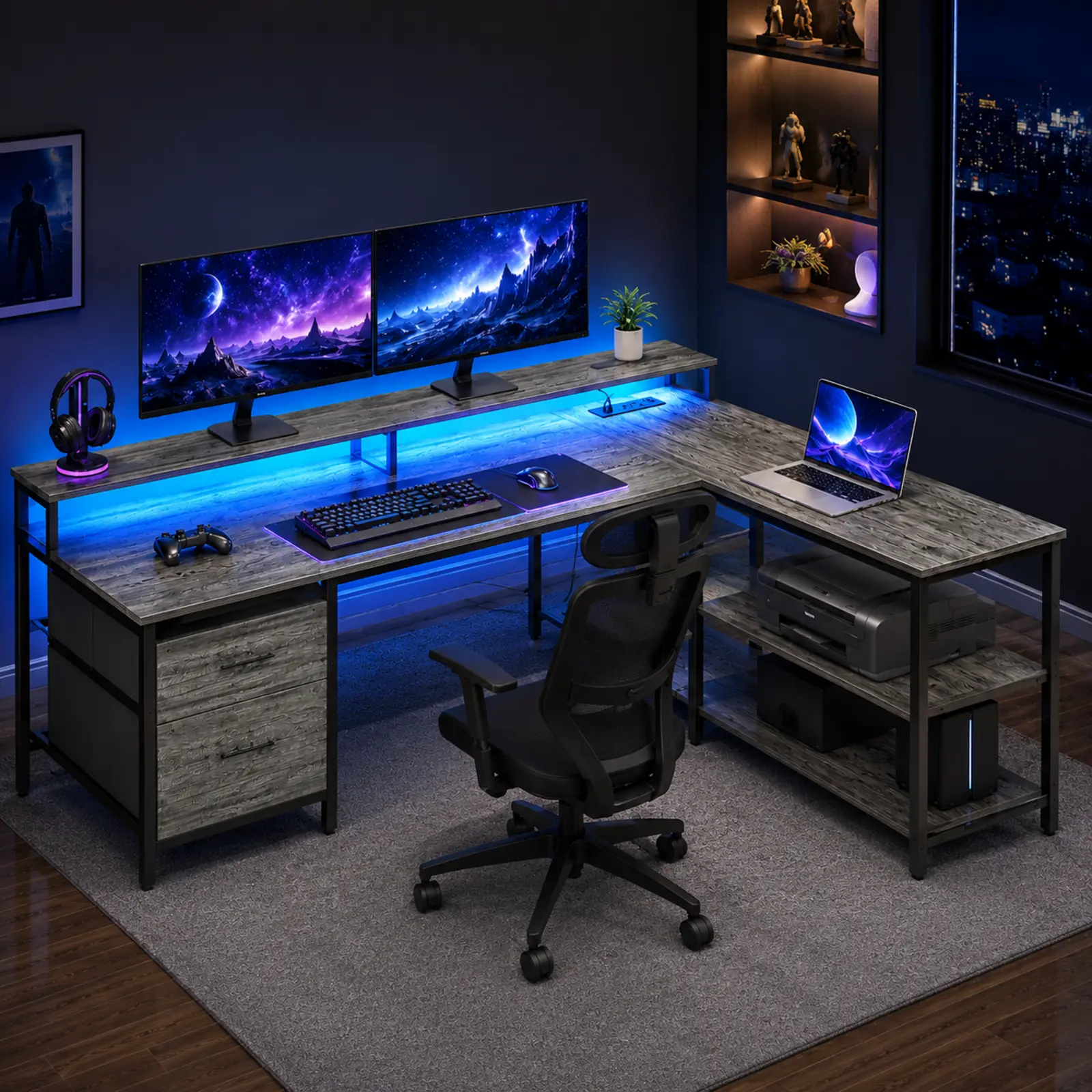 73" Reversible L-Shaped Gaming Desk with LED Lights & Power Outlets, Computer Desk with Ergonomic Monitor Stand & File Drawers,home office furniture study table
