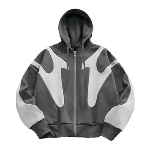Trendy Street Style Colorblock Hooded Zip-Up Jacket Gray Geometric Patchwork Design Loose Fit Full-Zip Coat (Unisex) casual versatile