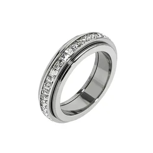 Anxiety Rings for Women and Men Titanium Steel Spinner Fidget Band Rings with Cubic Zirconia for Stress Relief and Wedding Promise Comfort Fit Size 5 to 12