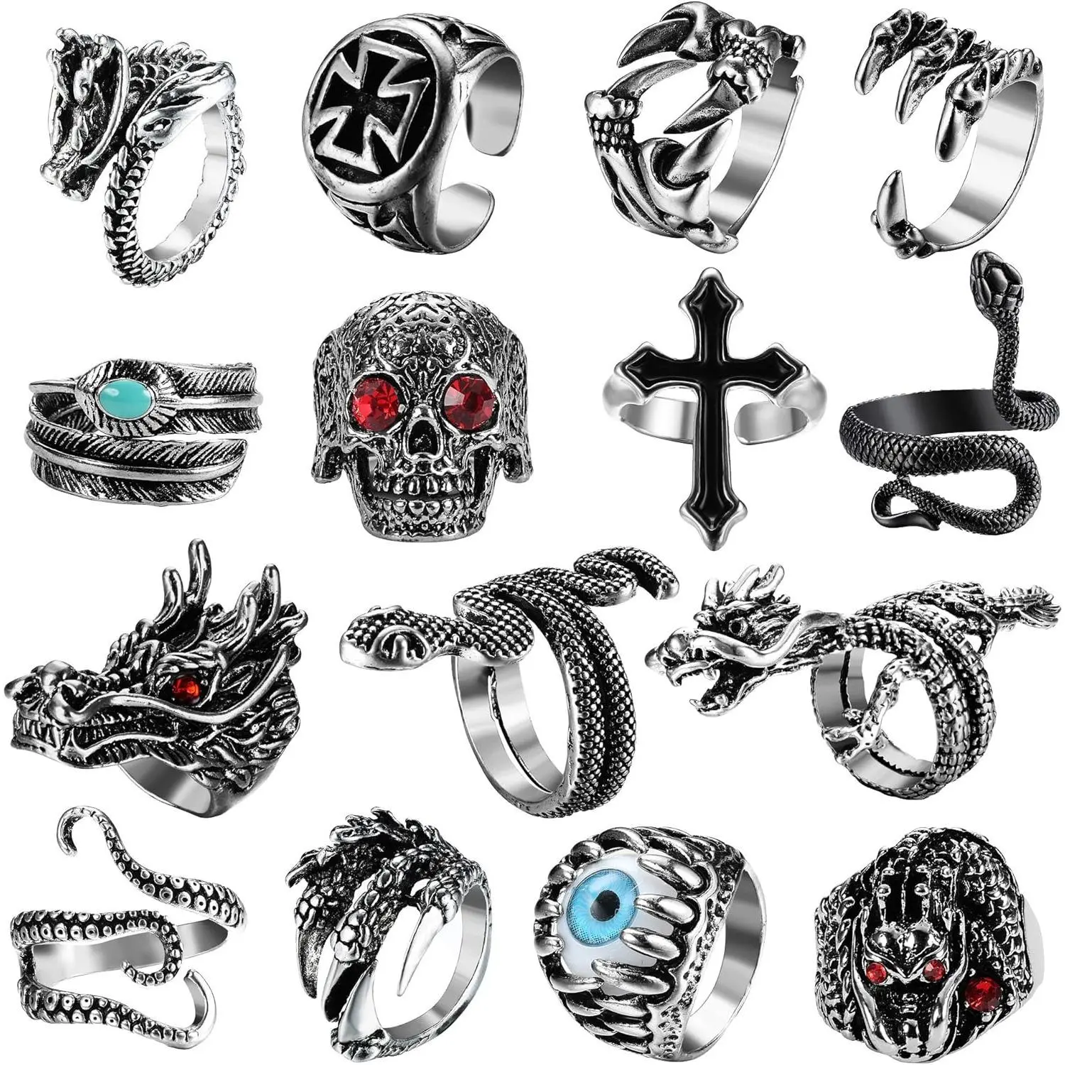 YADOCA 15Pcs Vintage Punk Rings for Men Women Snake Ring Dragon Open Rings Set Knuckle Stacking Ring Boho Finger Rings