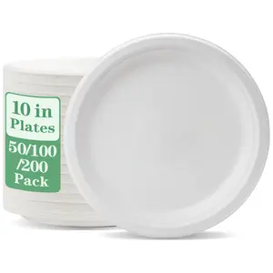 10 Inch Compostable Dessert Plates, 50/100/200 Pack, Sugarcane and Bamboo Fiber, Biodegradable Disposable Paper Plate