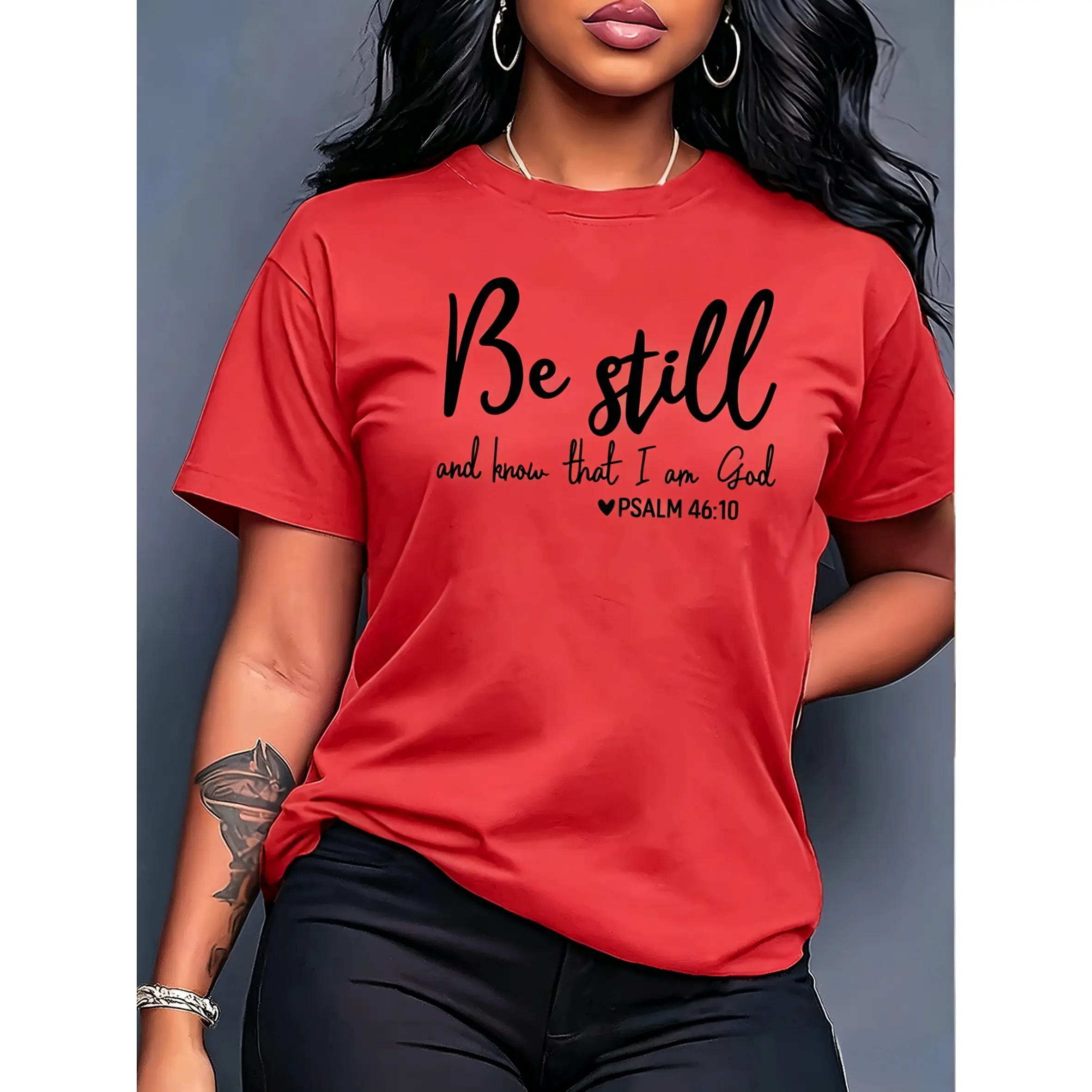 Women's Scripture Print Tee, Casual Faith-Based 100% Cotton Top with Psalm 46:10 Verse, Short Sleeve Crewneck and True Fit, Smooth, Check, Oversized