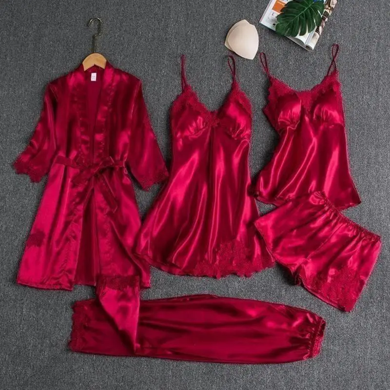 Women's 5PC Silk & Lace Satin Pyjamas Set, V-Neck Cami Nightdress, Loungewear Robe Sleep Suit for Spring Home Nightwear