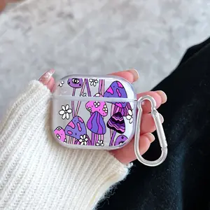 Whimsical Mushroom Garden Pattern TPU Soft Protective Case for Apple AirPods 4/3/2/1/Pro/Pro2 Transparent Earphone Cover with Keychain Attachment