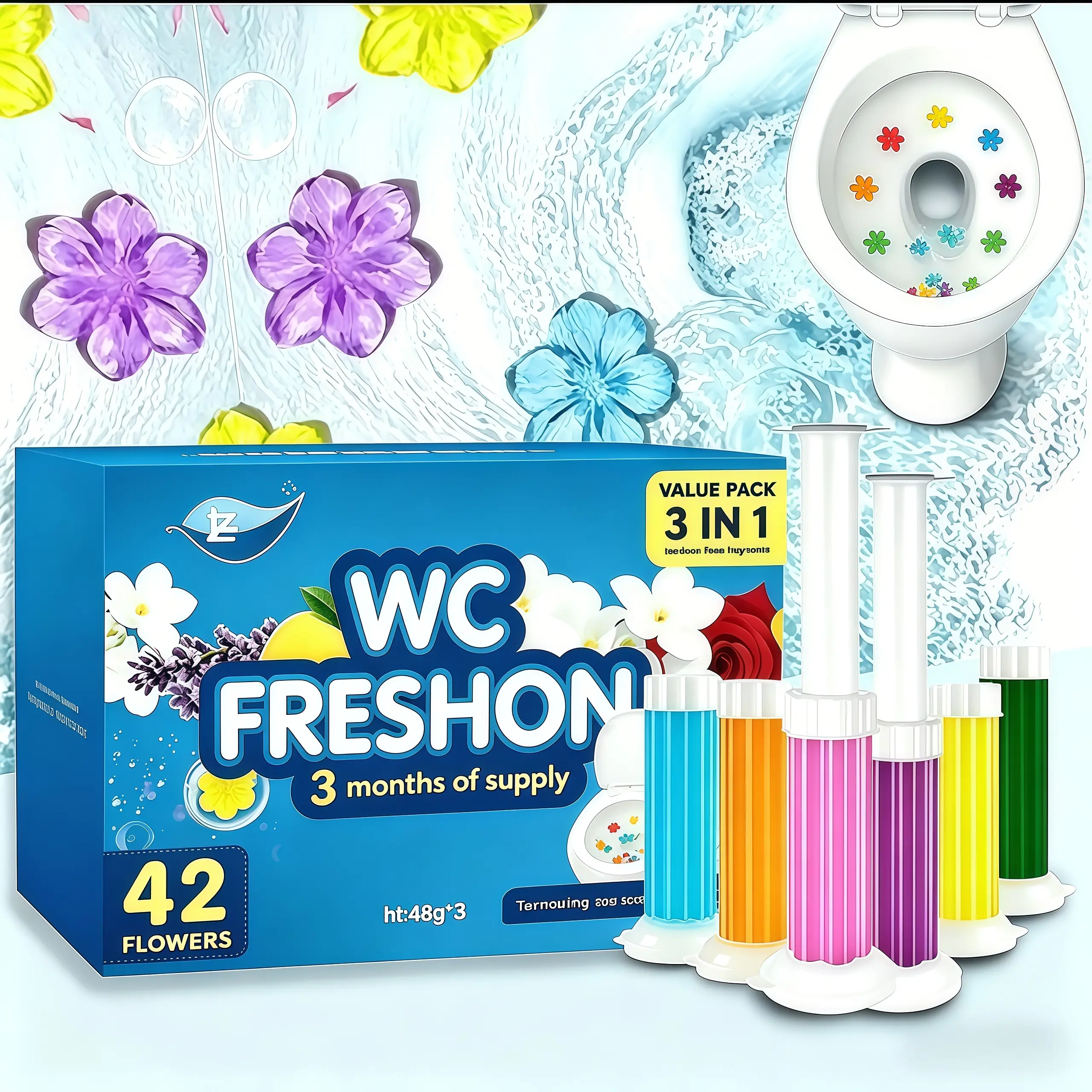 Toilet Gel Stamp (3Tubes, 42Flower Stamps) - Random Color & Scent, Long-Lasting Bathroom Freshener & Odor Eliminator, No-Scrub Natural Gentle Toilet Bowl Cleaner, Bathroom Accessories Door Hangers, Toilet Bowl Cleaners  Fragrance Household Odor Remover