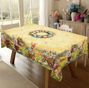 Spring Easter-themed Rectangular Tablecloth with Rabbit & Easter Egg Wreath Pattern Rustic Polyester Table Cover for Indoor Outdoor Use Kitchen Accessory Disposable Christmas