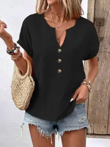 Women's V Neck Loose Fit Buttoned Slimming Top, Casual Button Up Versatile Blouse for Everyday Wear, Comfortable and Stylish Ladies' Clothing, Basic, Minimalist, Shirts