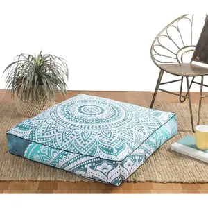 Popular Handicrafts Floor Pillow Cushion Cover - Hippie Mandala Square Ottoman Pouf Cover Indian Ombre Daybed Cotton Cushion Cover with Heavy Duty Zipper - Dog-Pets Bed, 22" Green Grey