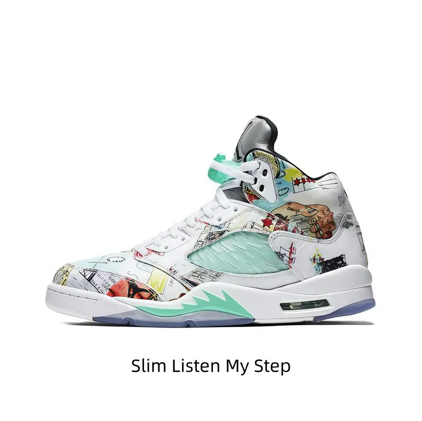 This artistic print white high-top sneaker is my most eye-catching streetwear pick. Full comic collage print paired with mint mesh and pale green jagged trim delivers bold creative vibes.