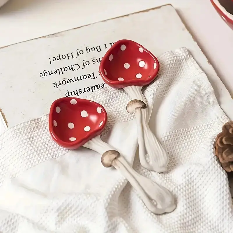 2pcs Ceramic Spoon Set, Mushroom Design Dessert Spoon, Tea Spoons, Soup Spoon, Condiment Spoon, Serving Spoon, Durable Kitchen Utensils, Perfect for Dining, Spoons Set