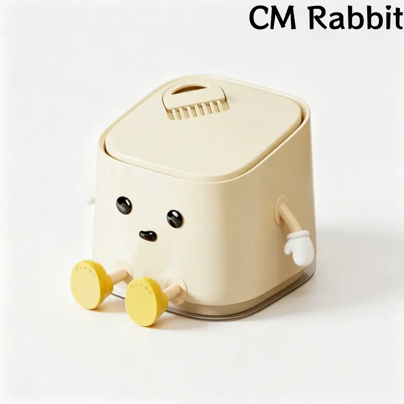 Cream Kawaii Anthropomorphic Character Spring Press-Lid Desktop Mini Trash Can, Space Saving Waste for Bedroom Nightstand Vanity Student Dorm Kid’s Bedroom Rental Apartment Touchless  bin wall use plastic