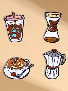 4pcs Cartoon Badge Set, Creative Cup Coffee Machine Pin, Suitable for Daily Quiet Time Advocates Commuter Backpack Accessories, Flower Brooch Pin