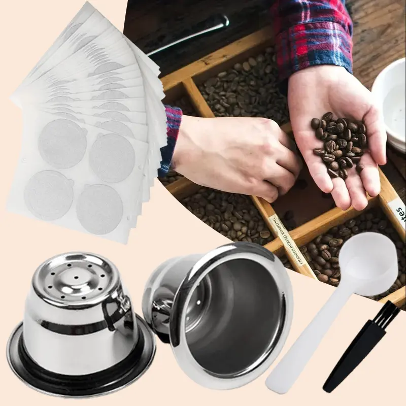 Reusable Stainless Steel Espresso Capsules - 2 Cups, 100 Lids with Aluminum Foil Seals Stickers, Refillable Coffee Pods with Filters for Nespresso Original Line Espresso Maker, Compatible with Coffee Grounds, Includes Spoon