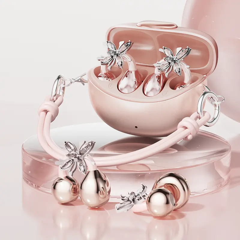 CHENRUIDA M106 Women's Ear Clip Wireless Earbuds Headset, Dynamic Stereo Audio, ENC Noise Cancellation, IPX7 Waterproof, 360° Panoramic Sound, Comfortable Fit, Pink Earphone for Any Environment