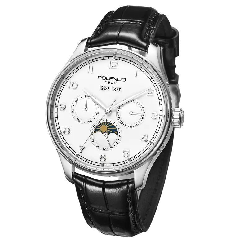 White Dial Steel Sun-Moon Full Calendar Automatic Men Watch, Classic Elegant Gentleman Business Premium Gift